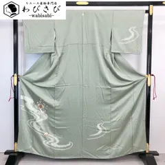 付下げ 刺繍花模様 絞り流水柄 扇子 簪 紗綾形地模様 青磁色 K-4215