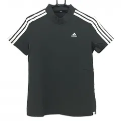 【美品】アディダス 半袖ハイネックシャツ ダークグレー×白 肩3ライン ストレッチ レディース  ゴルフウェア adidas
