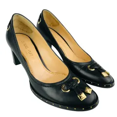 LOUIS VUITTON★ルイヴィトン・レディース レザー LV刻印メタルチャーム付きリボン チャンキーヒール パンプス (35/22㎝相当) イタリア製 レディースシューズ 春夏靴 ビジネスシューズ ブラック