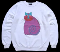 80s USA製 Hanes × Laurel Burch Mythical Cat キャット アート スウェット 白 L★オールド ビンテージ ホワイト ネコ 猫 アニマル