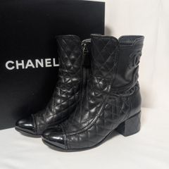 CHANEL ココマーク レザー ショートブーツ サイドジップ 黒 37.5