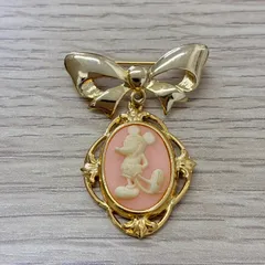 [Y0312]東京ディズニーランド　ミッキー　カメオ　りぼん　ブローチ　ゴールド　金メッキ　レトロ