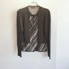 美品✨ リーナチック LINA CHIC 透かし編み カーディガン ストライプ 長袖 総柄 薄手 羽織 デザインカーディガン ブラウン きれいめ 重ね着コーデ ナチュラルコーデのサムネイル