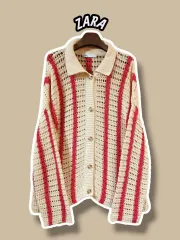 L/ ザラ アイボリー レッド ストライプ カーディガン /0312