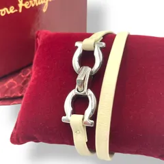 極美品 Salvatore Ferragamo フェラガモ ブレスレット バングル レザー ホワイト×シルバー