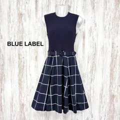 BLUE LABEL CRESTBRIDGE ブルーレーベルクレストブリッジ ベルト付き チェック リブニット ノースリーブ ドッキングワンピース ネイビー