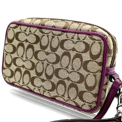 コーチ COACH ミニポーチ シグネチャー キャンバス ベージュ パープル アクセサリーポーチ 小物入れ コスメポーチ リストレット レディース ブランドポーチ コンパクト 人気 定番