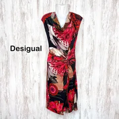 美品 Desigual デシグアル リアルフラワープリント 総柄 ウエストギャザー オープンネック フレンチスリーブ タイトワンピース ノースリーブ ストレッチ レッド