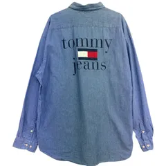 90s TOMMY JEANS トミージーンズ バックプリント シャンブレー デニムシャツ メンズXXL 古着 トミーヒルフィガー ボタンダウンシャツ 100%コットン 大きいサイズ ビッグシルエット【長袖シャツ】/ MS07