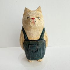タイ 木彫りの猫オーバーオールを着た猫 アンティーク雑貨
