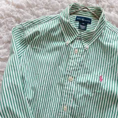 ラルフローレン　ストライプ　シャツ　ブラウス　刺繍　ピンク刺繍　グリーン　長袖