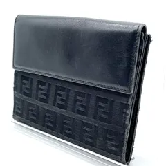フェンディ FENDI 二つ折り財布 ズッカ柄 キャンバス レザー ブラック コンパクトウォレット メンズ レディース ブランド財布 FF柄 イタリア製 ヴィンテージ 人気 定番