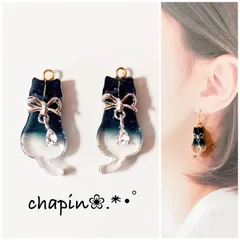 （ 1115 ） 猫 揺れる リボン レジン ピアス イヤリング