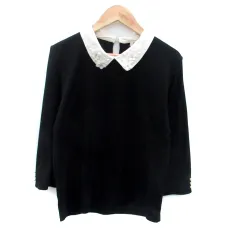 アラマンダ allamanda ニット カットソー ステンカラー 七分袖 フェイクパール 花モチーフ 38 M 黒 ブラック /HO22