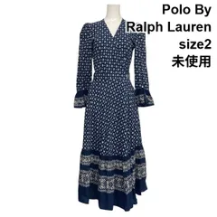 ◇ 未使用 ポロバイラルフローレン Polo ラップワンピース ドレス マキシ丈 長袖 花柄 カシュクール 紺 綿100％ 2 M 9号 レディース S6C281