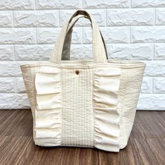 エメラルドグリーン色デニム×バンブー持ち手 フリルトートバック