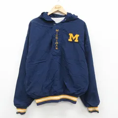 L/古着 長袖 ハーフジップ ナイロン ジャケット パーカー メンズ 90年代 90s ミシガン 刺繍 USA製 紺他 内側メッシュ 26jan26