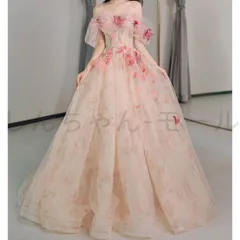 イブニングドレス ウェディングドレス 二次会 フレア Aライン 花びら コサージュ オフショルダー 演奏会 花嫁 白 ワンピース パーティードのサムネイル