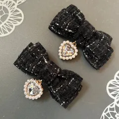 パールハート❶♡ツイードミニリボン　黒　ブラック　ヘアクリップ  量産型　地雷　ゴスロリ　天使界隈　サブカル　コンカフェ