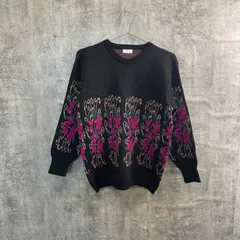 【I-25】レディース L 花柄ニット セーター ブラック フラワー柄 総柄ニット 長袖ニット レトロ 古着 レディースニット カジュアル 柄ニット ヴィンテージ風 ニットセーター