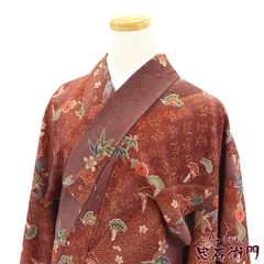 小紋 小紋着物 袷 レディース 正絹 茶色 蝶々 笹 松 身丈158.5cm 裄丈64.5cm カジュアル 街歩き 普段着 ランチ会 Mサイズ相当