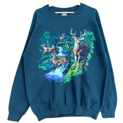 GILDAN ギルダン アニマルプリント 鹿 シカ 滝 スウェット トレーナー メンズL 古着 深緑 ダークグリーン【スウェット】/ MS15
