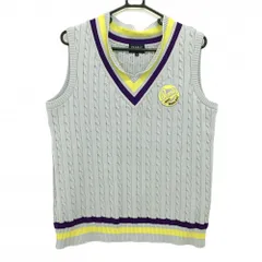 パーリーゲイツ ニットベスト ライトグレー×イエロー×パープル ケーブル編み Vネック メンズ 5(L) ゴルフウェア PEARLY GATES