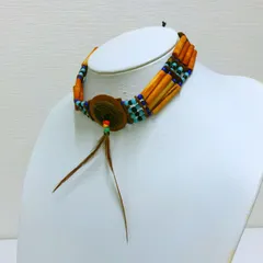 [NI] ハンドメイド　インディアン チョーカー　首飾り　エスニック　フェザー　フェイクボーン　ビーズ ネックレス　ヴィンテージ　ジュエリー