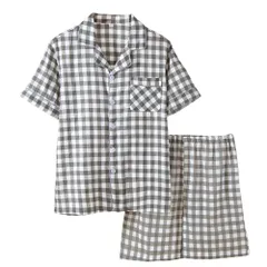 パジャマ レディース メンズ 半袖 半ズボン 上下セット 綿100% ガーゼ 上着前開き ペア 夏 チェック 涼しい 部屋着 寝巻き 授乳 ルームウェア 女性 男性 pjm8
