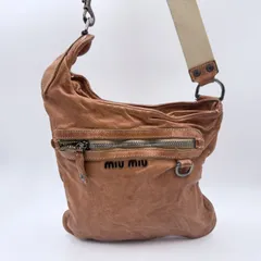 MIU MIU（ミュウミュウ）アーカイブ レザーショルダーバッグ／クロスボディバッグ ロゴ金具 ブラウン系 キャンバスストラップ レディース