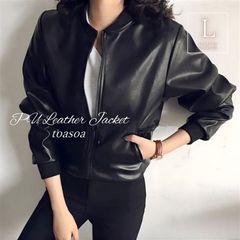 toasoa 재킷 레이디스 PU 가죽 캐주얼 긴 소매 상의 봄 어른 겉옷 폭풍 방한 합피 가짜 가죽 짧은 길이 가죽 장 가을 겨울 블루종 MA-1 (블랙, L)