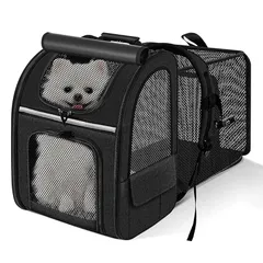 WSKLY(ワスクリ) ペットキャリー 犬 猫 リュック 通気性 拡張可能 折り畳みロック式ダブルファスナー・カーテン付きの 2WAY バッグ 猫 キャリーバッグ お出かけ ドライブ 旅行 通院 災害避難用ペットバッグ グレー (ブラック, L) 1