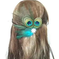 クジャク羽根 ヘアピン 大ぶり フェザー ヘアアクセサリー 仮装パーティー 発表会 舞台 イベント レディース