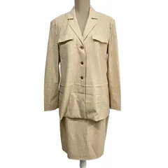 エスカーダ ESCADA セットアップ スカートスーツ フォーマル テーラードジャケット タイトスカート チェック シングル 金ボタン ひざ丈 38 ベージュ系 マルチカラー ■WY 0726