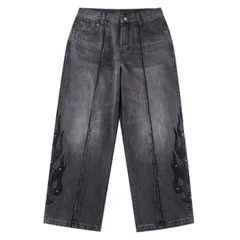 新品未使用 サプライヤー SUPPLIER 26SS Fire Tribal Leather Patch Baggy Denim Black デニムパンツ ジーンズ ストリートファッション Y2Kのサムネイル