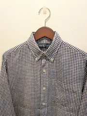 美品　Ralph Lauren　ラルフローレン　シャツ　リネン　麻　ブルー　ギンガムチェック　ボタンダウン　CUSTOM FIT　長袖　メンズ