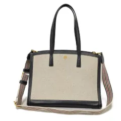 Tory Burch トリーバーチ ウォーカー ラージ キャンバス サッチェル カーフ ネイビー 2WAY ショルダーバッグ ダブルT ロゴ ナチュラル トートバッグ