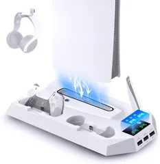 PS5 Pro/PS5/PS5 Slim対応 縦置きスタンド 【冷却ファン·多機能収納】急速充電 PS5冷却ファン 3段階風速調整 コントローラーデュアル适用 放熱対策 過充電防止 充電指示ランプ付 PS5 周辺 スタンド  (ホワイト)