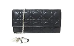 CHRISTIAN DIOR/ディオール　カナージュ レザーチェーンウォレット  ロゴチャーム　取り外し可能チェーンストラップ　ブラック/シルバー金具　長財布　【中古】