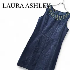 LAURA ASHLEY ローラアシュレイ ネイビー 濃紺 膝丈 ノースリーブワンピース 11号 Lサイズ相当 レディース 刺繍 デザイン コーデュロイ調 コットン ストレッチ 伸縮性あり 上質 エレガント きれいめ Aライン 347KJ
