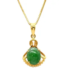 ネックレス ヒスイ ペンダント グリーンXイエローゴールド 緑 グリーン 翡翠 ひすい ジェダイト オーバルカボションカット ベネチアンチェーン 【中古】