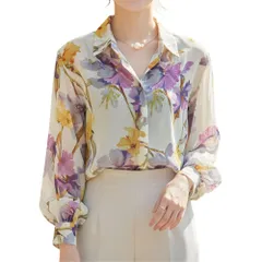 [Clove Cube] 【クローブキューブ】ブラウス レディース 長袖 シアー シャツ 花柄 体系カバー 二の腕隠し 華奢見え 春 夏 秋 (JP, アルファベット, L, エレガントバイオレット) 