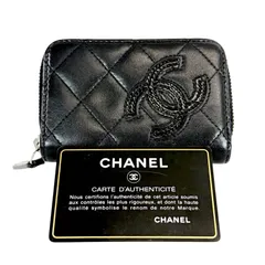 【美品】CHANEL シャネル ラムスキン マトラッセ ココマーク ラウンドジップ コンパクト コインパース ブラック シルバー金具 19番台 2014年製 レディース メンズ