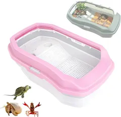 East Leaf 水替えラクな三層構造 亀 水槽 飼育ケース 35x21x12cm 滑り止めスロープ 脱走防止 室内用 小型両生類 ヤドカリ (ピンク)