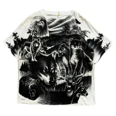 ~90s BUCKS 動物 総柄 モノトーン アニマル 両面プリント アートプリント Tシャツ 白×黒 Lサイズ No.EA277