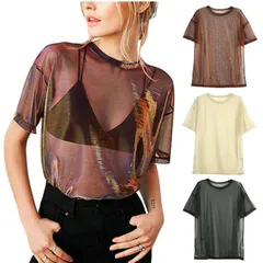 Tシャツ 半袖 ダンス衣装 トップス シースルー シアートップス メッシュ セクシー カットソー 重ね着 透け 肌透け 光沢 ヒップホップ ストリート キラキラ 光る 目立つ レッスンウェア お揃い 夏 シアー シャツ 韓国 無地 cr35n-pa0