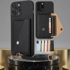 iPhone15 Pro ケース ブラック ショルダー付き レザー 財布型 カード収納 スタンド機能