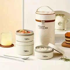 【保温性抜群】7点セット ステンレス製 ランチボックス 丸型 携帯用断熱バッグ 箸 スプーン付き 電子レンジ対応 オフィス/旅行/アウトドアに最適