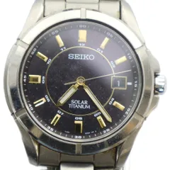 セイコー SEIKO V145-0AX0 腕時計 ウォッチ ソーラー カレンダー付き ロゴ 黒文字盤 シルバー色 ■GY11 /MQ