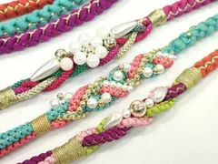 平和屋着物▼和装小物　帯締め３本セット　振袖用　飾り付き　パール　花　水色　緋色　紫　金糸　逸品　CABD8526ju